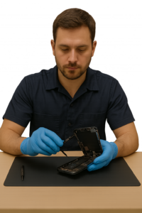 Mężczyzna wymieniający wyświetlacz w iPhone