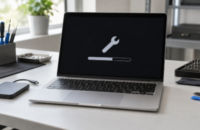 Aluminiowy laptop z symbolicznym testem diagnostycznym