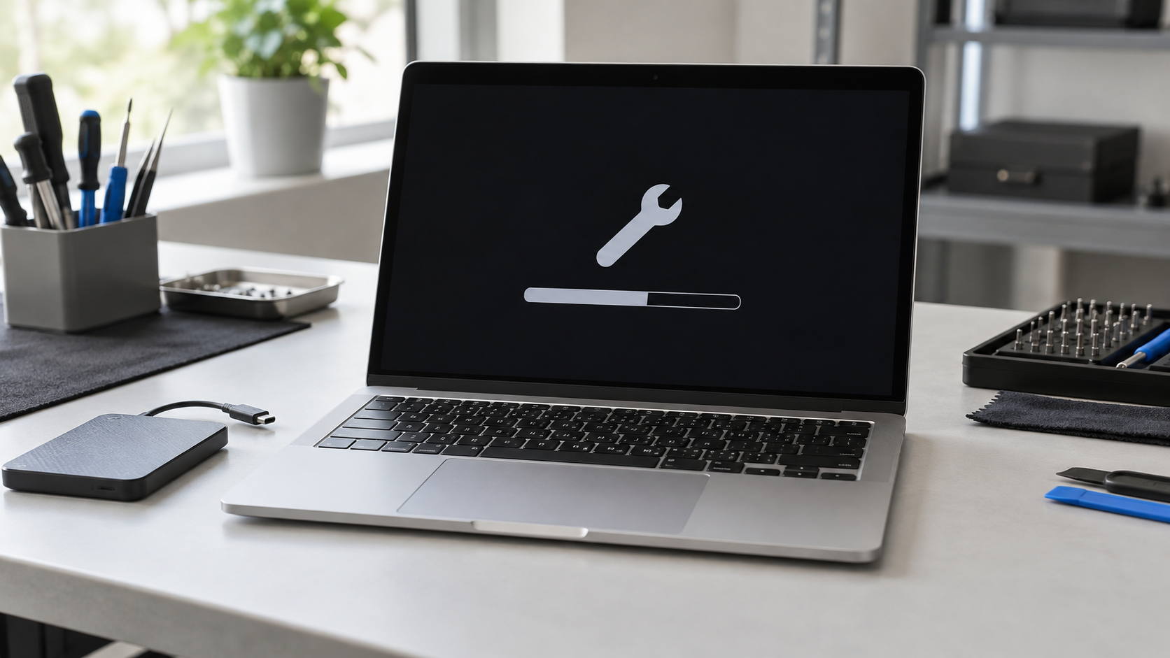 Aluminiowy laptop z symbolicznym testem diagnostycznym