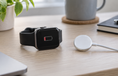 Smartwatch z symbolem niskiej baterii obok magnetycznej ładowarki