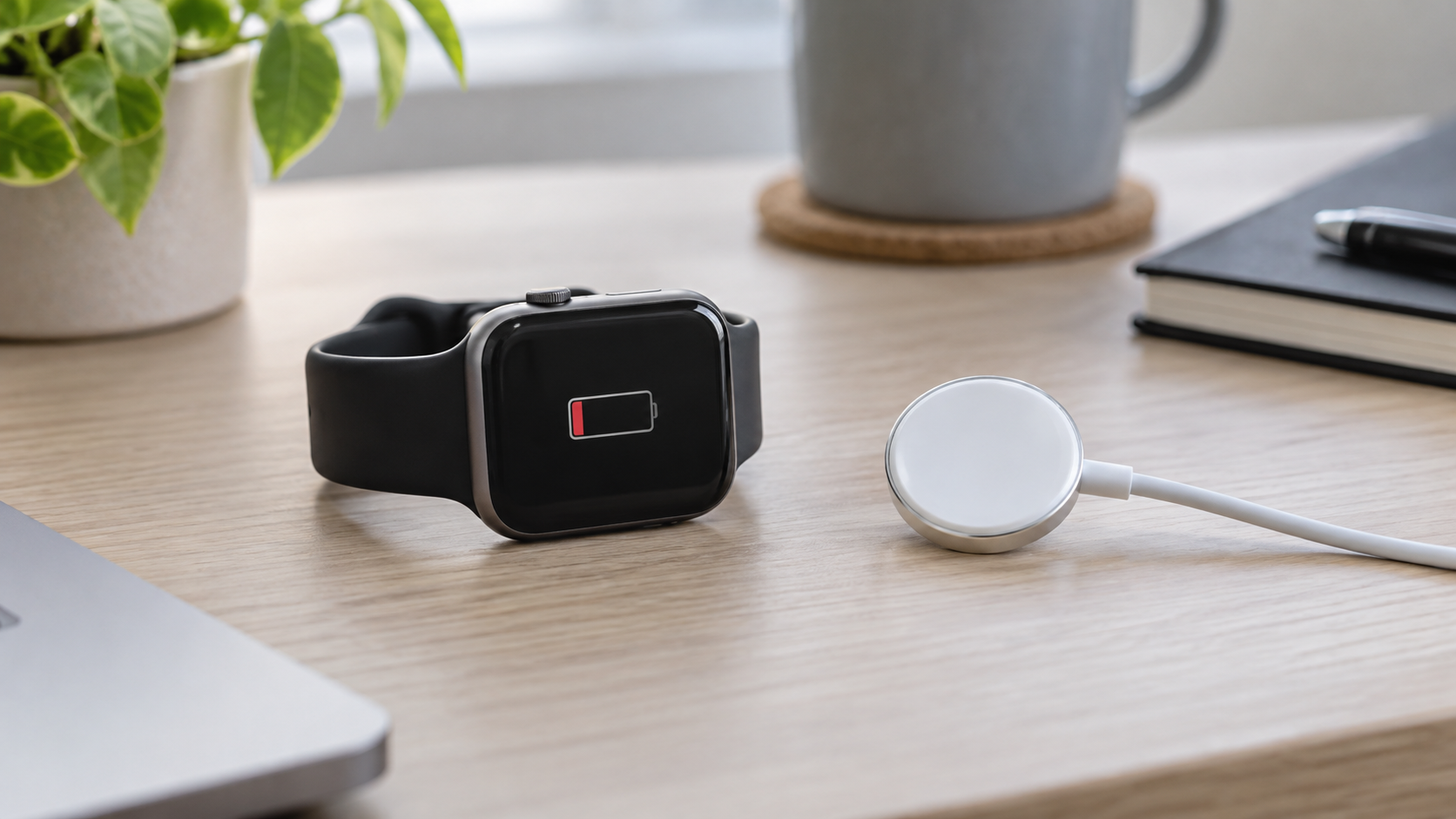 Smartwatch z symbolem niskiej baterii obok magnetycznej ładowarki