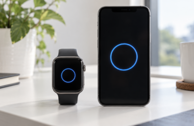 Smartwatch i telefon z symbolicznymi pierścieniami parowania