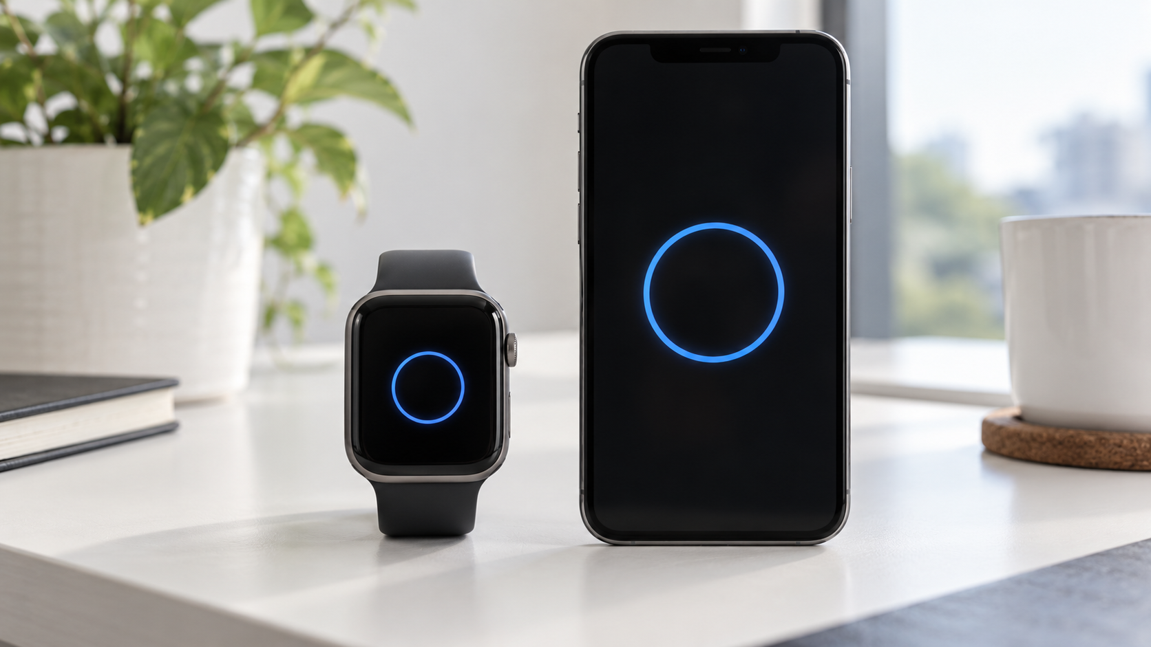 Smartwatch i telefon z symbolicznymi pierścieniami parowania
