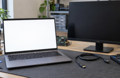 Laptop z jednolicie białym ekranem obok monitora zewnętrznego