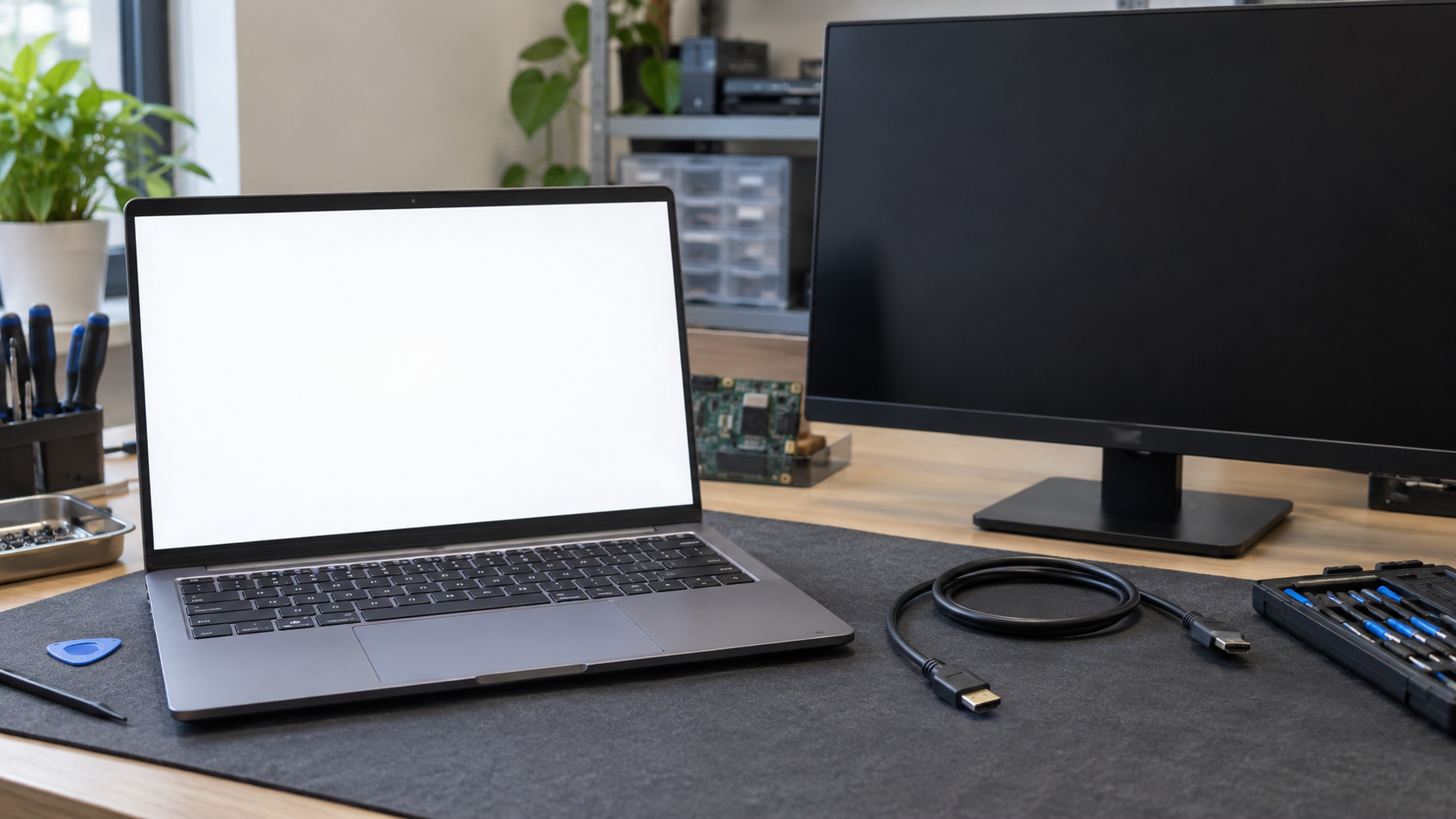 Laptop z jednolicie białym ekranem obok monitora zewnętrznego
