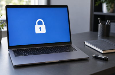 Laptop z symbolem kłódki na niebieskim ekranie i pendrive obok