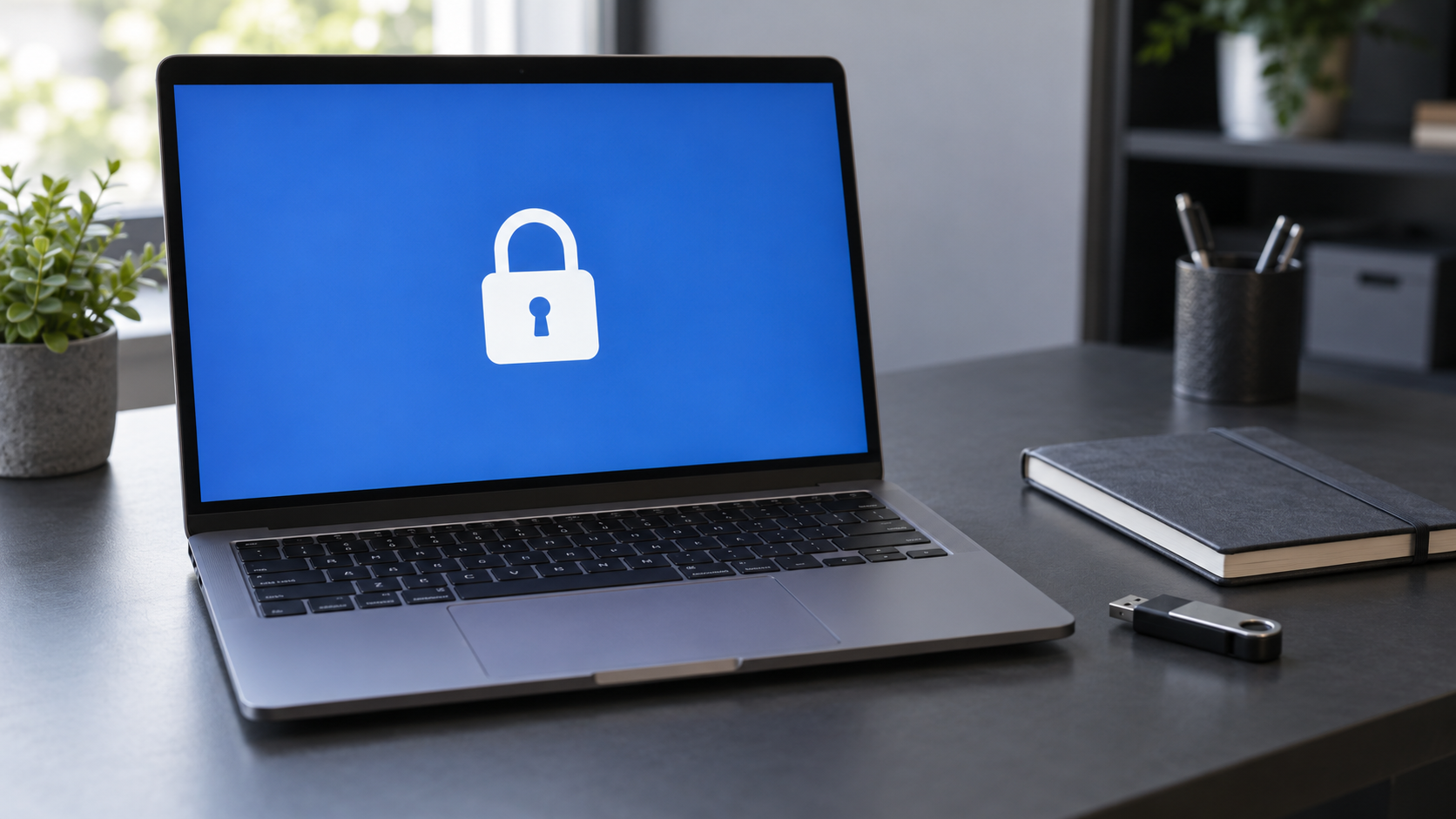 Laptop z symbolem kłódki na niebieskim ekranie i pendrive obok