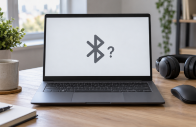 Laptop z symbolem Bluetooth obok myszy i słuchawek