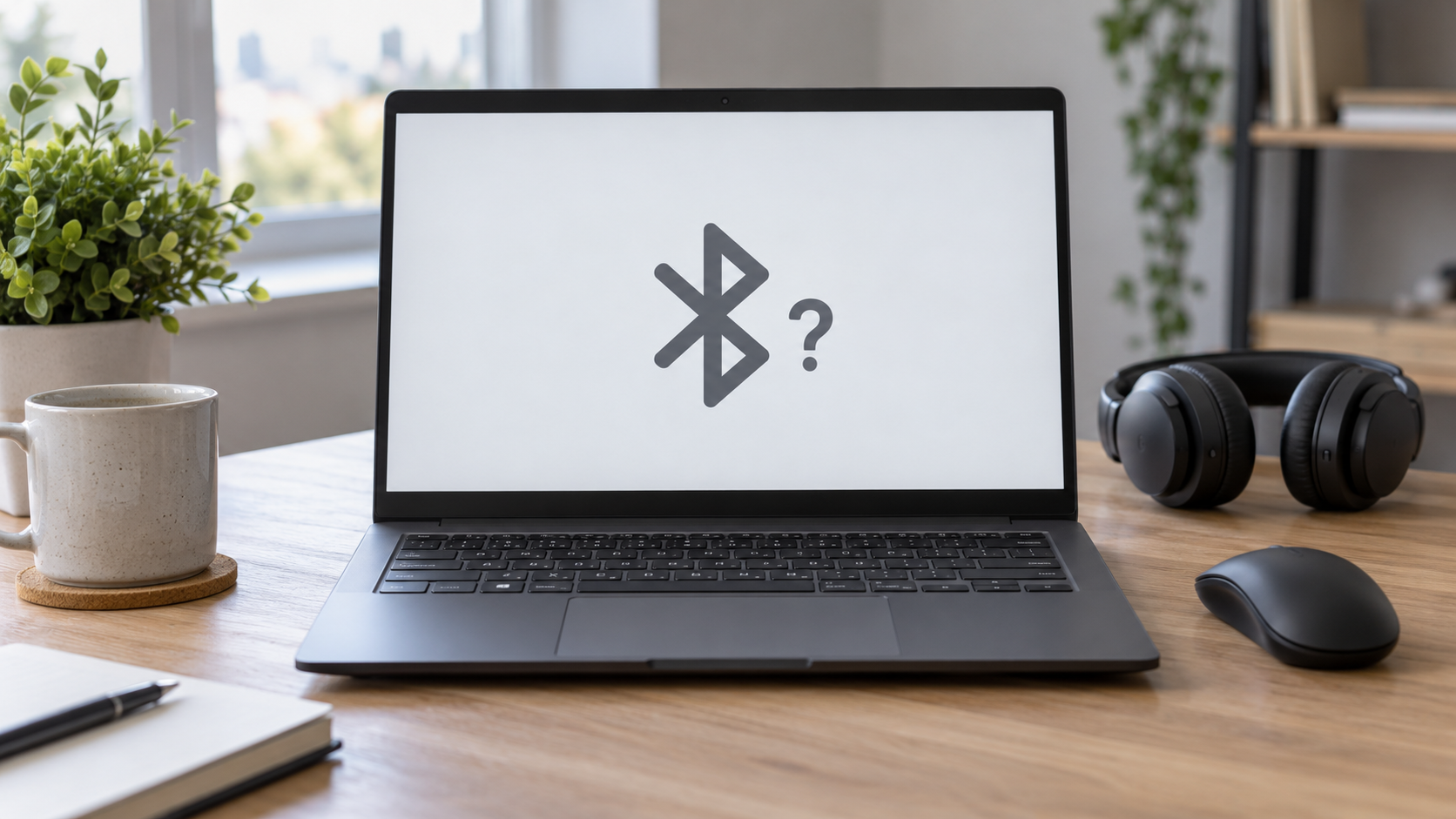 Laptop z symbolem Bluetooth obok myszy i słuchawek