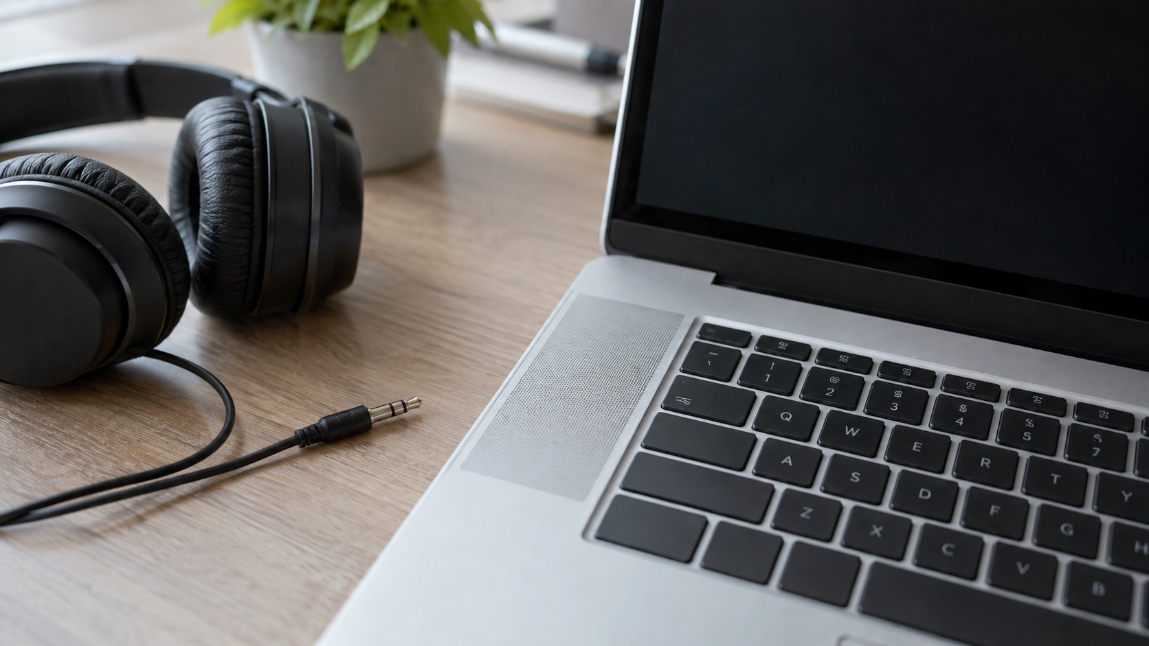 Laptop z widoczną kratką głośnika i odłączonymi słuchawkami
