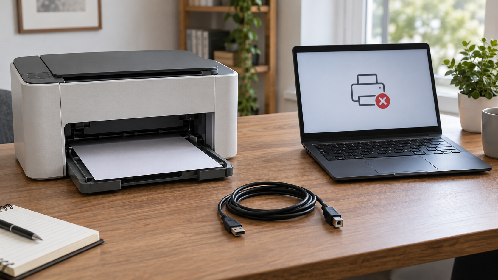 Drukarka i laptop na biurku podczas sprawdzania połączenia
