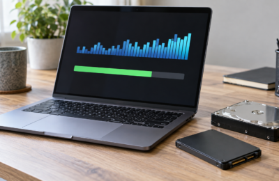 Laptop i dyski obok ekranu z symbolicznym wykresem aktywności