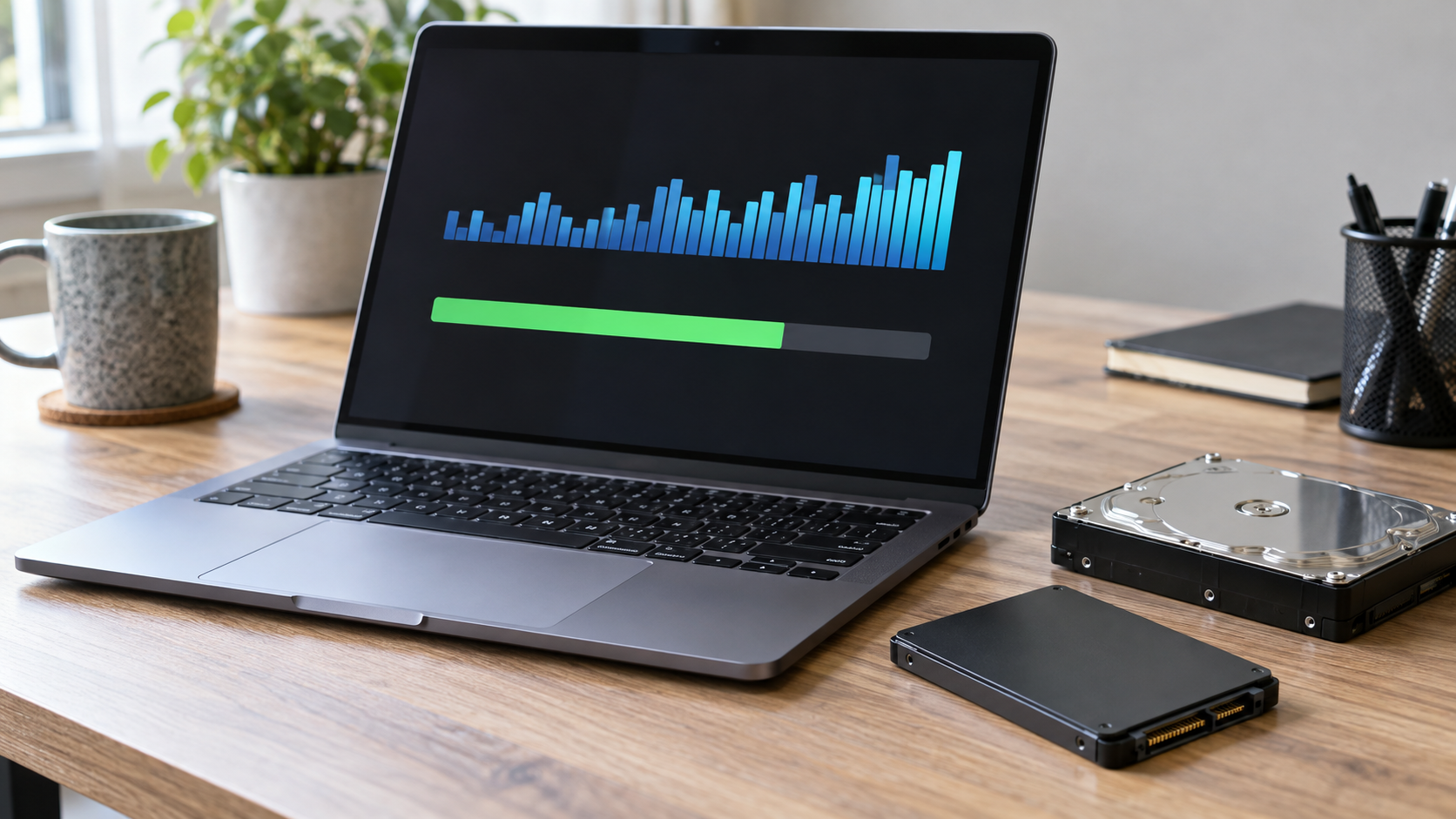 Laptop i dyski obok ekranu z symbolicznym wykresem aktywności