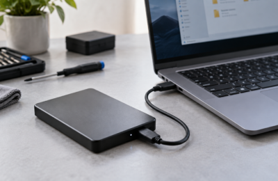 Zamknięty dysk zewnętrzny podłączony przewodem USB do laptopa