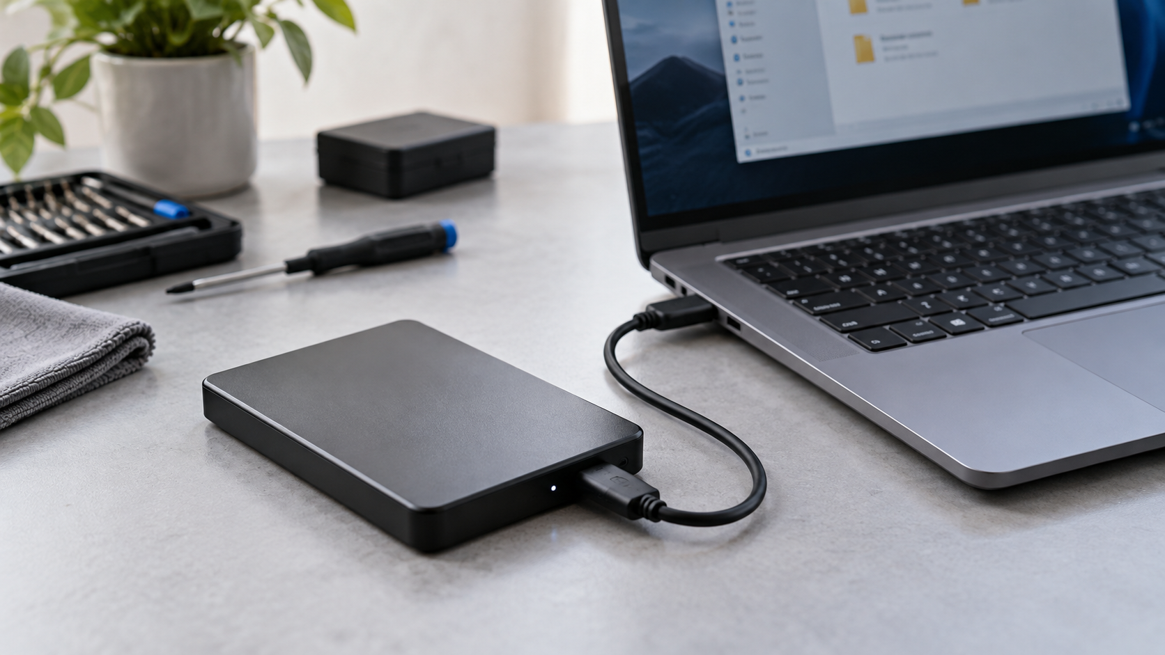Zamknięty dysk zewnętrzny podłączony przewodem USB do laptopa