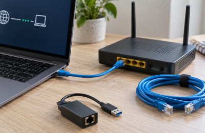 Laptop połączony kablem Ethernet z routerem oraz adapter USB