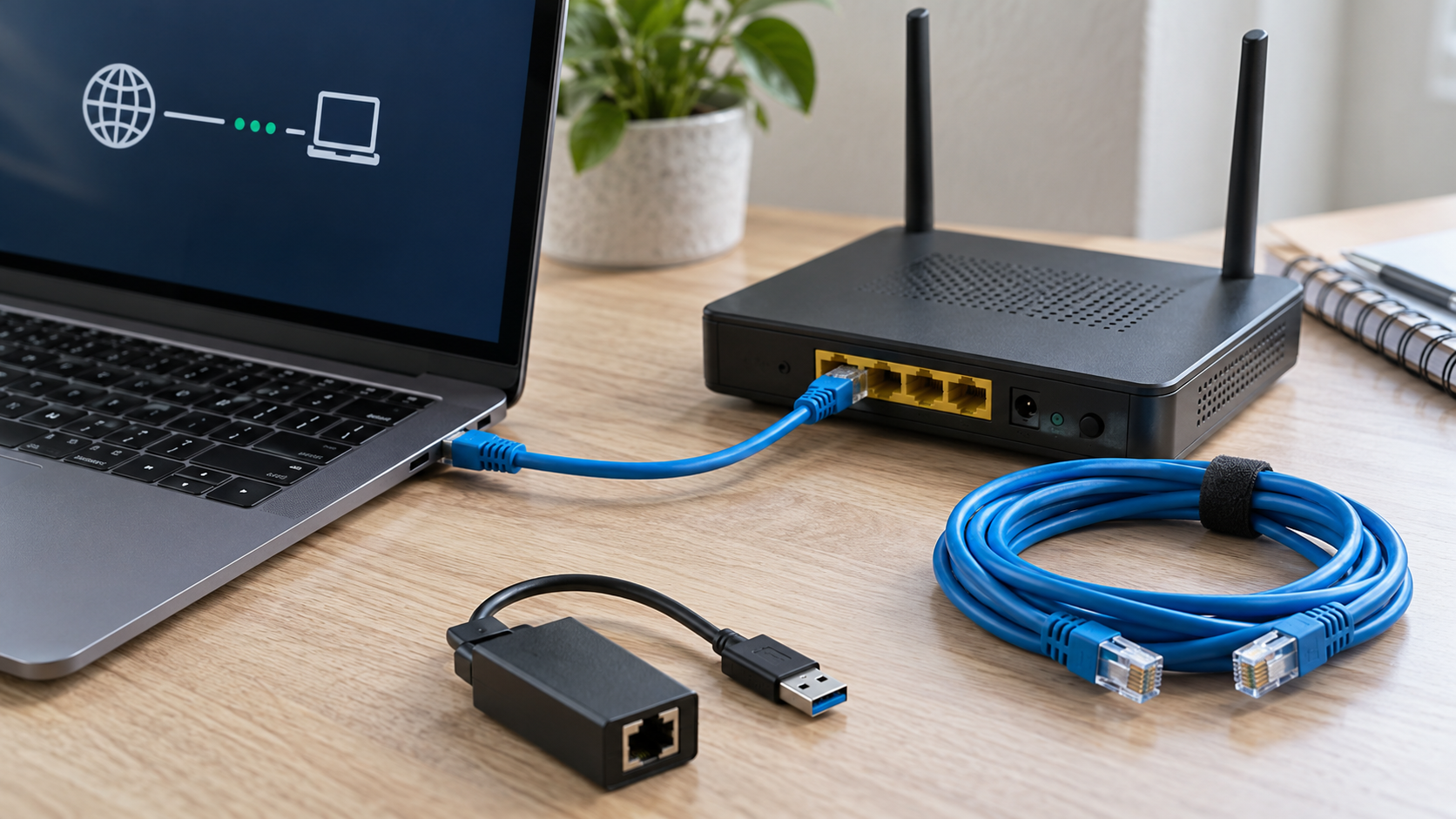 Laptop połączony kablem Ethernet z routerem oraz adapter USB