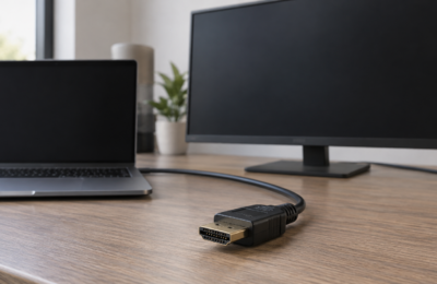 Laptop i ciemny monitor z przewodem HDMI na pierwszym planie
