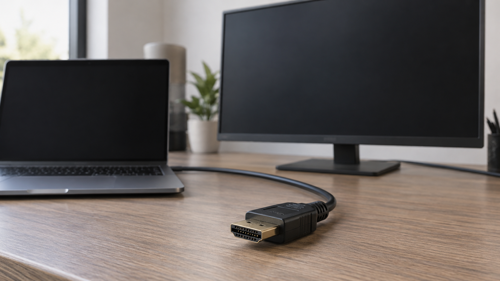 Laptop i ciemny monitor z przewodem HDMI na pierwszym planie