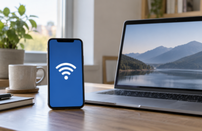 Telefon z symbolem Wi-Fi stojący obok laptopa