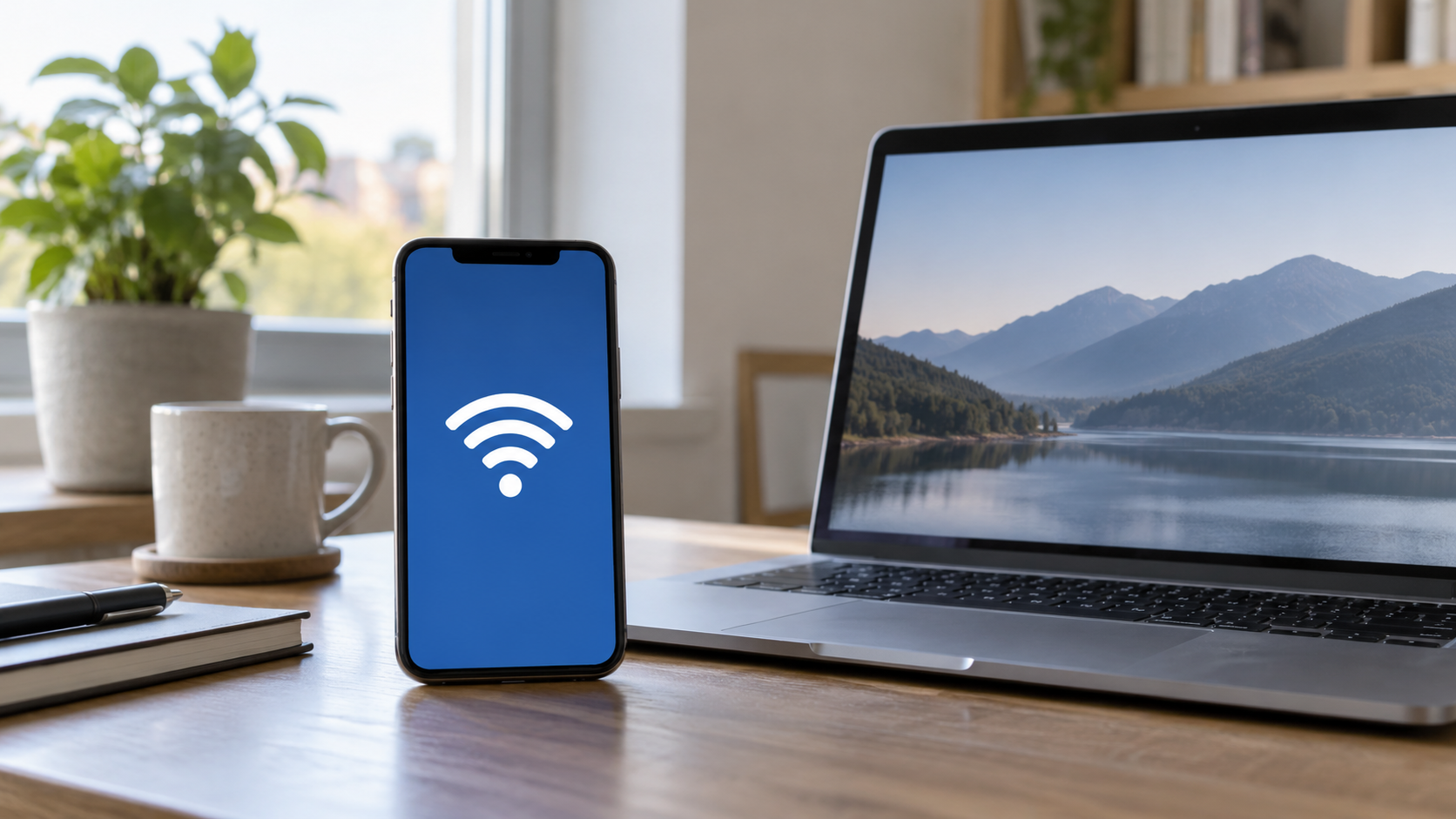 Telefon z symbolem Wi-Fi stojący obok laptopa