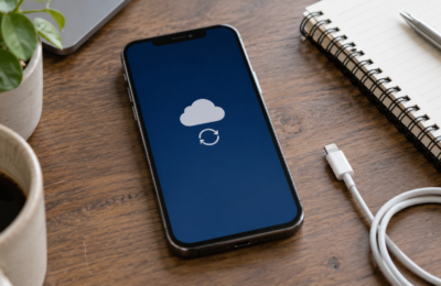 Telefon z symboliczną chmurą i strzałkami synchronizacji