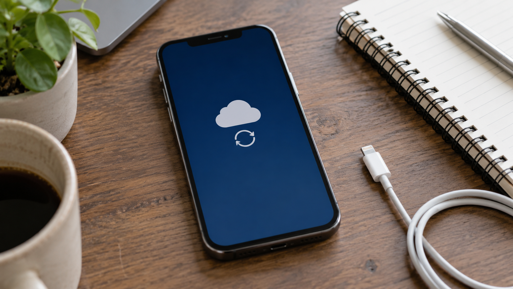 Telefon z symboliczną chmurą i strzałkami synchronizacji