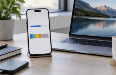 Telefon z symbolicznym paskiem postępu obok laptopa