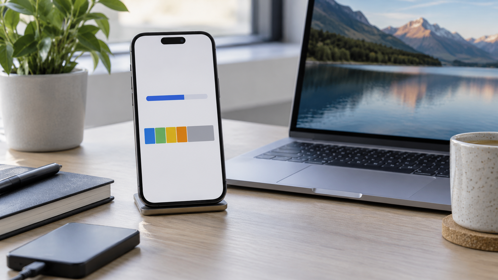 Telefon z symbolicznym paskiem postępu obok laptopa