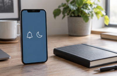 Telefon z symbolicznym dzwonkiem i księżycem na ekranie