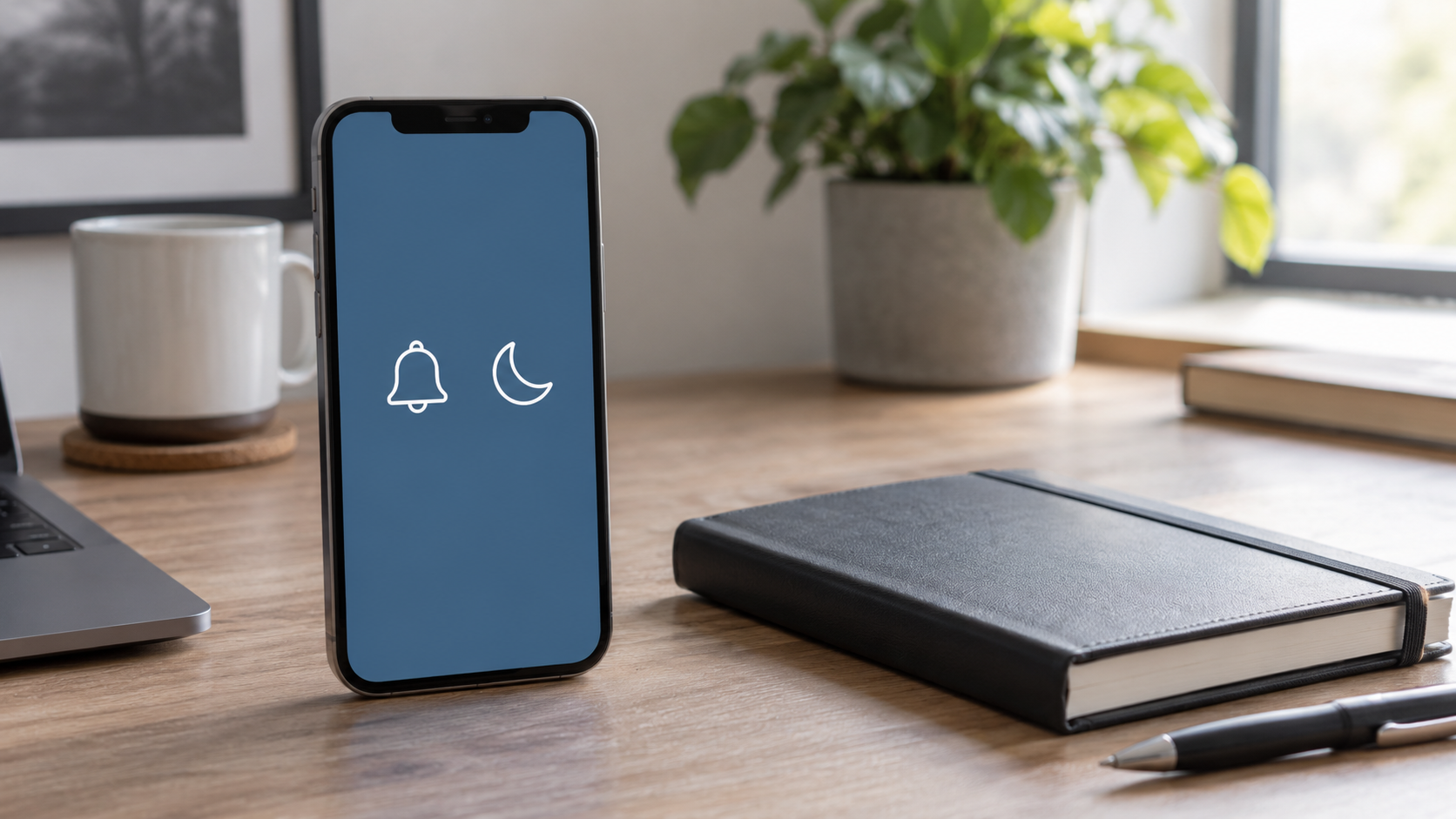 Telefon z symbolicznym dzwonkiem i księżycem na ekranie