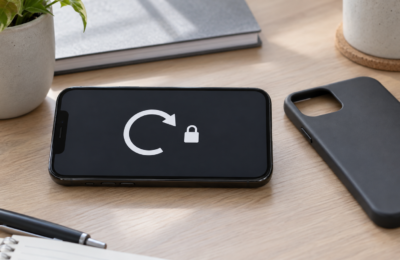 Telefon ułożony poziomo z symboliczną strzałką obrotu