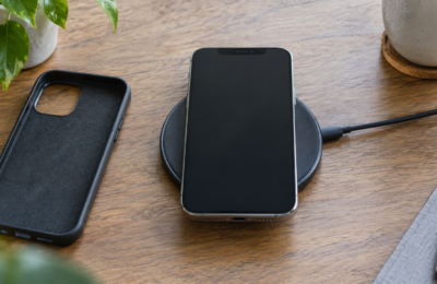 Telefon leżący na podkładce do ładowania obok zdjętego etui
