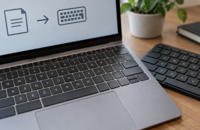 Laptop i zewnętrzna klawiatura na biurku
