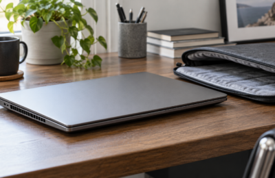 Zamknięty laptop na twardym biurku obok otwartego pokrowca