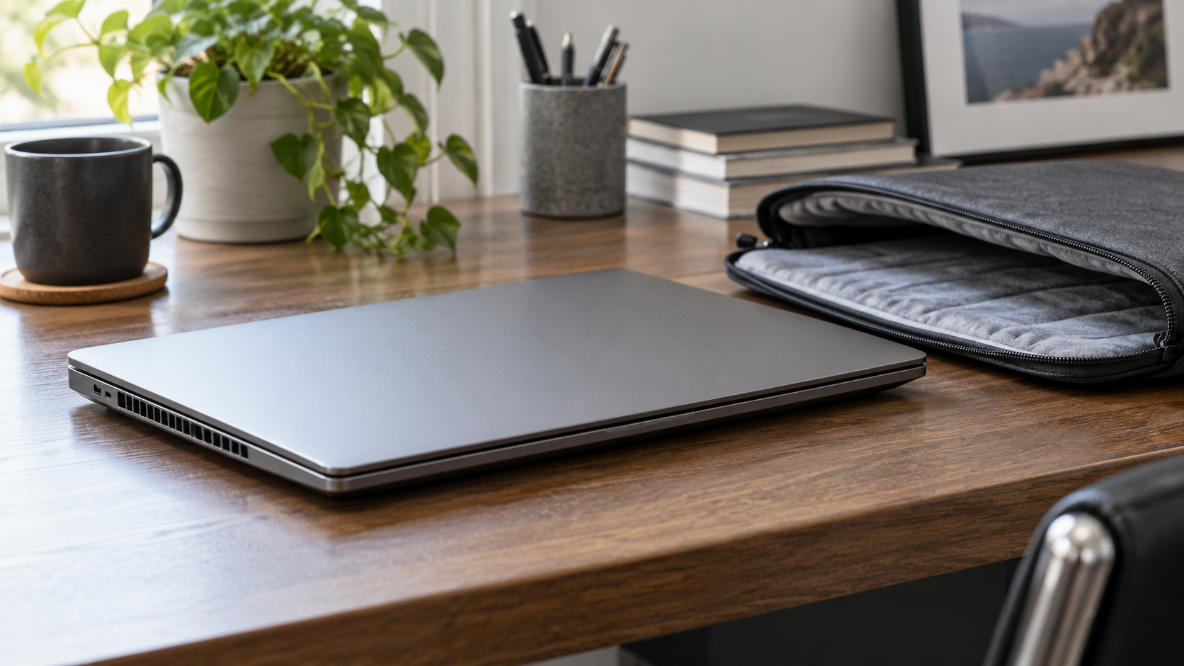 Zamknięty laptop na twardym biurku obok otwartego pokrowca