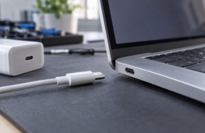 Laptop z portem USB-C oraz odłączony przewód i zasilacz na stole