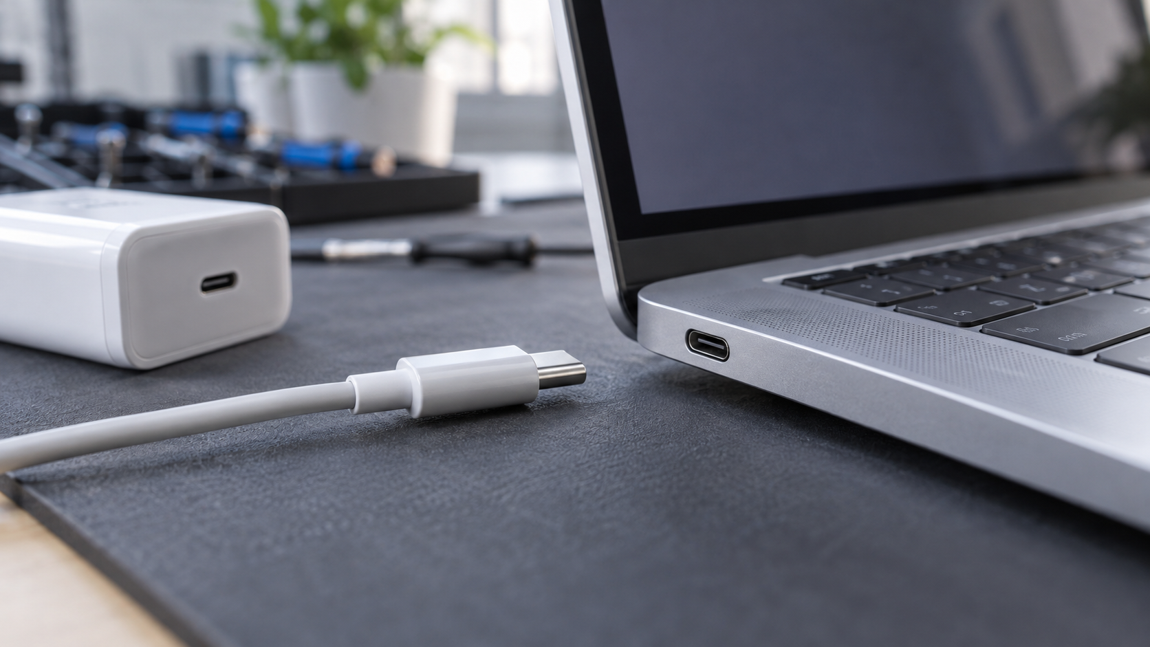 Laptop z portem USB-C oraz odłączony przewód i zasilacz na stole