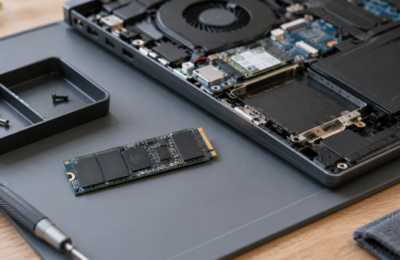 Dysk SSD M.2 przy otwartej obudowie laptopa na macie serwisowej