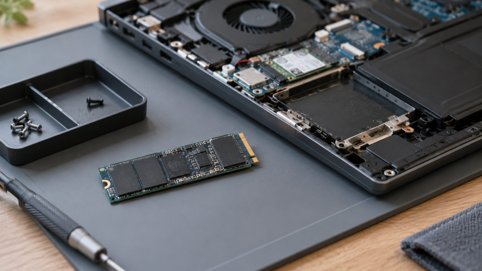 Dysk SSD M.2 przy otwartej obudowie laptopa na macie serwisowej