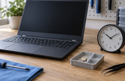 Laptop, zegar i bateria guzikowa w osobnym pojemniku