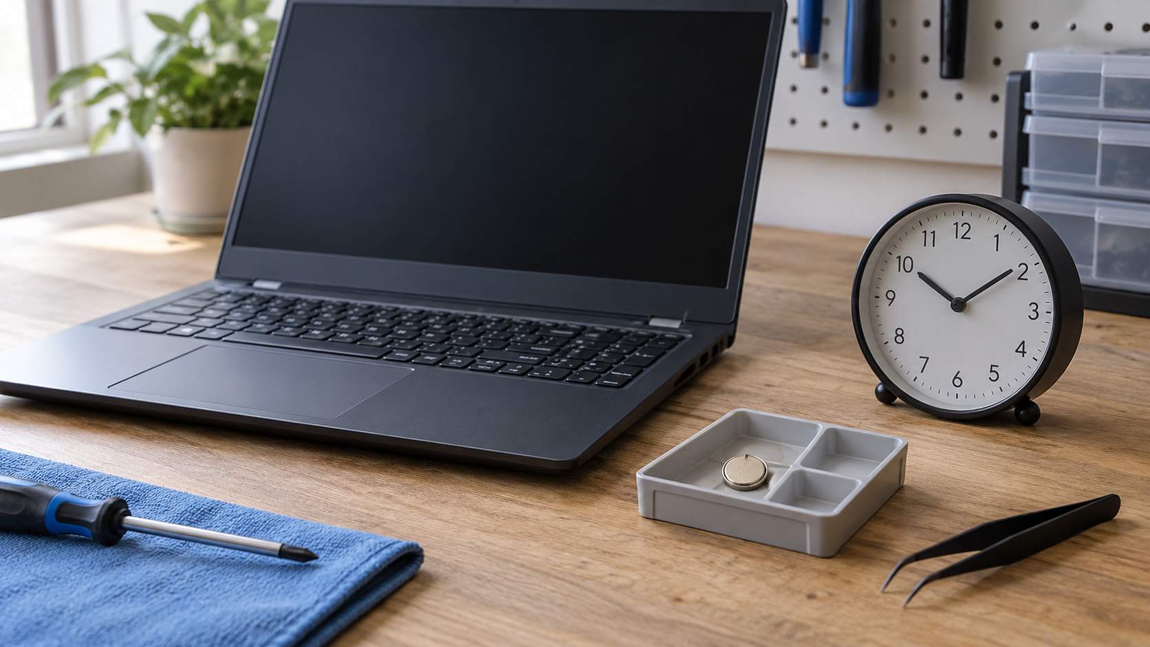 Laptop, zegar i bateria guzikowa w osobnym pojemniku