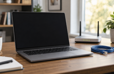 Laptop i router Wi-Fi na biurku, obok zwinięty przewód sieciowy