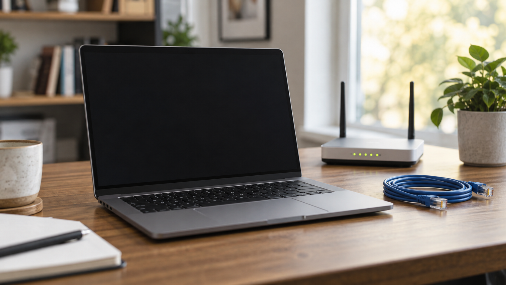 Laptop i router Wi-Fi na biurku, obok zwinięty przewód sieciowy