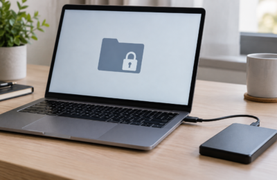Aluminiowy laptop z podłączonym dyskiem i symbolem blokady folderu
