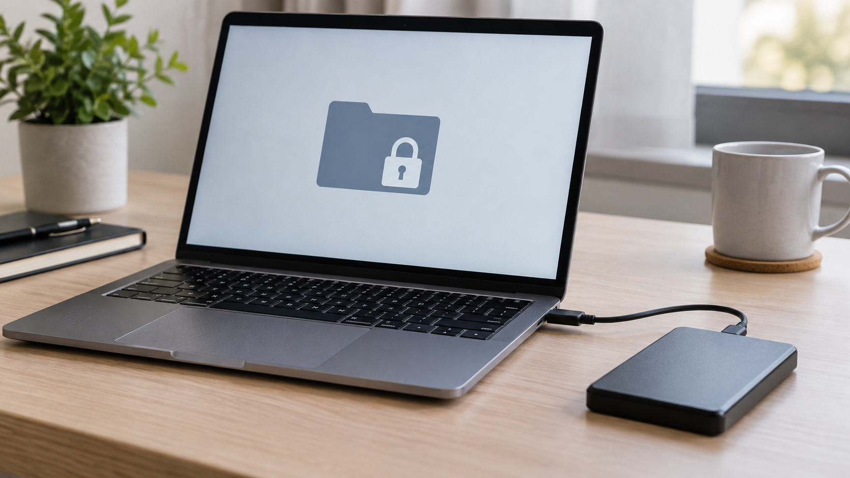 Aluminiowy laptop z podłączonym dyskiem i symbolem blokady folderu