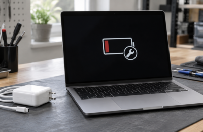 Aluminiowy laptop z symbolem baterii i odłączonym zasilaczem