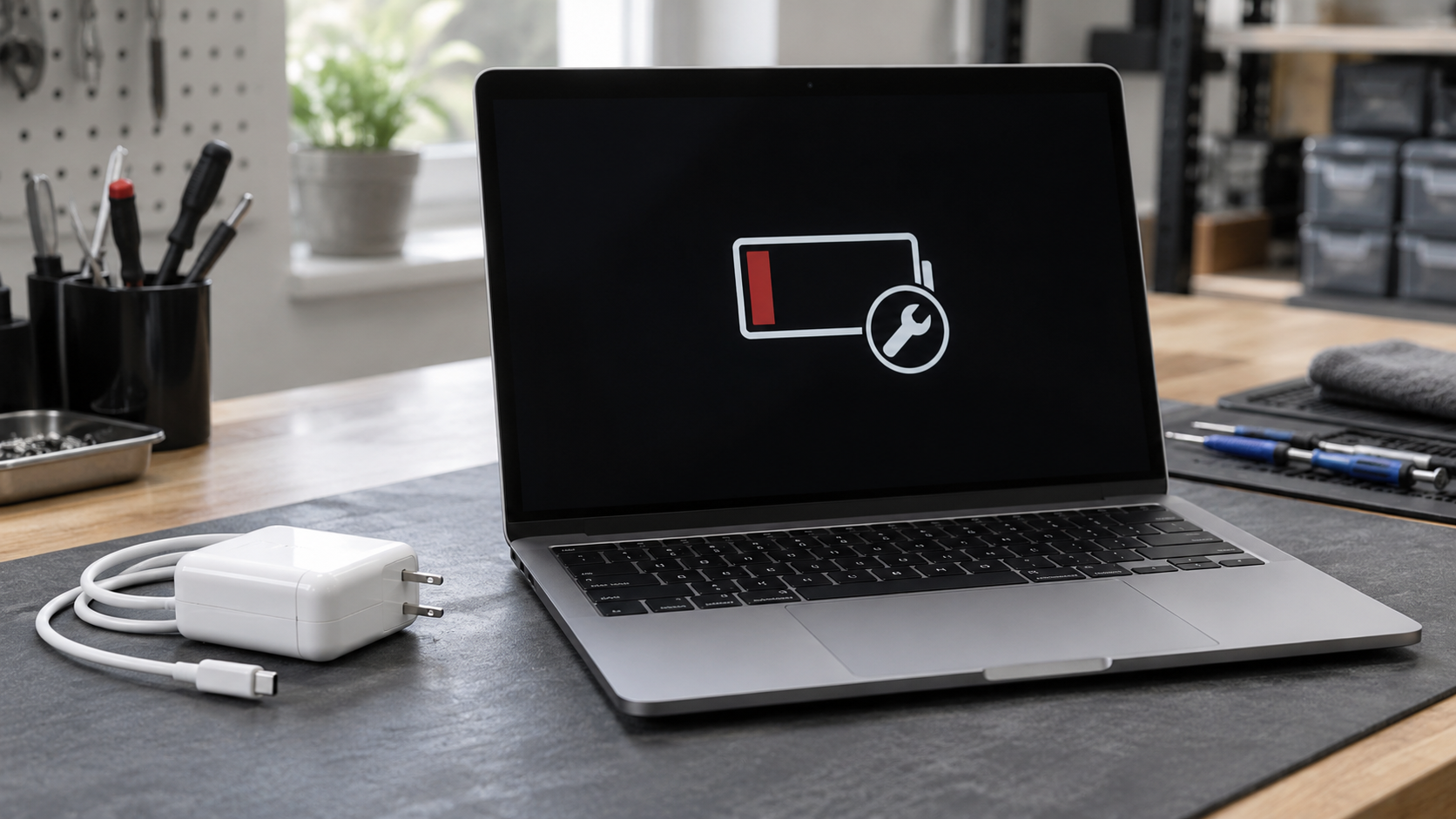 Aluminiowy laptop z symbolem baterii i odłączonym zasilaczem