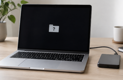 Aluminiowy laptop z symbolem folderu i znakiem zapytania