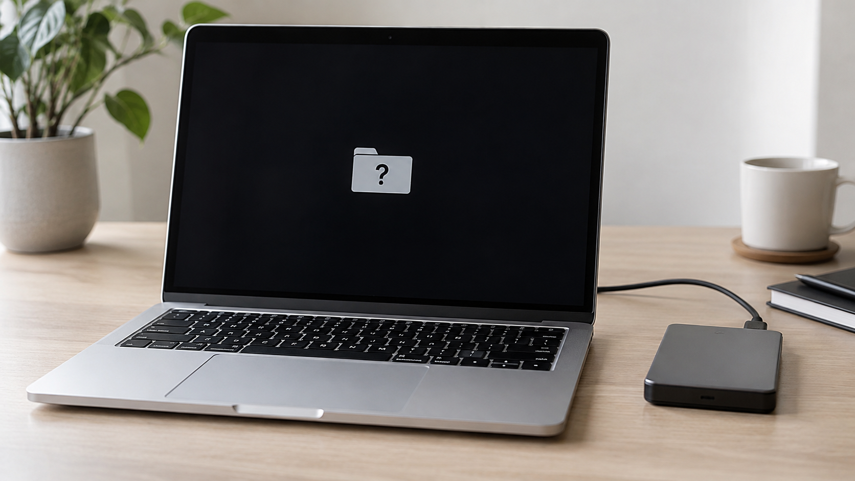 Aluminiowy laptop z symbolem folderu i znakiem zapytania